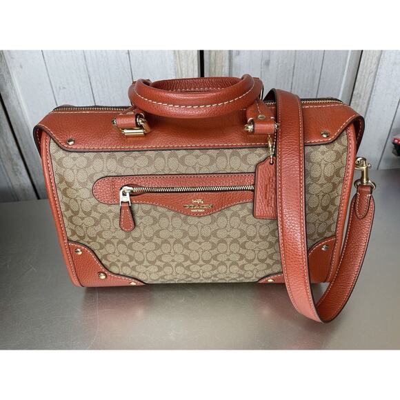 New! COACH Store Millie Satchel Colorblock Signature BROWN Canvas Studded - Picture 1 of 8